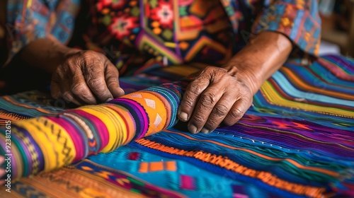 Guatemalan artisan weaving colorful textiles, intricate patterns and vibrant colors