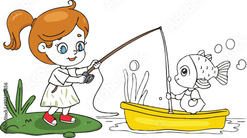 coloring page a simple drawing of red yellow with baby girl & boy fishing, vector illustrator