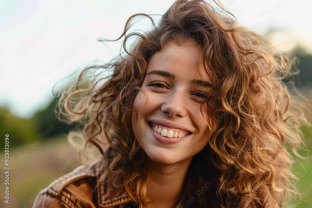 A Young adult woman with curly brown hair smiling A Young adult woman with curly brown hair smiling