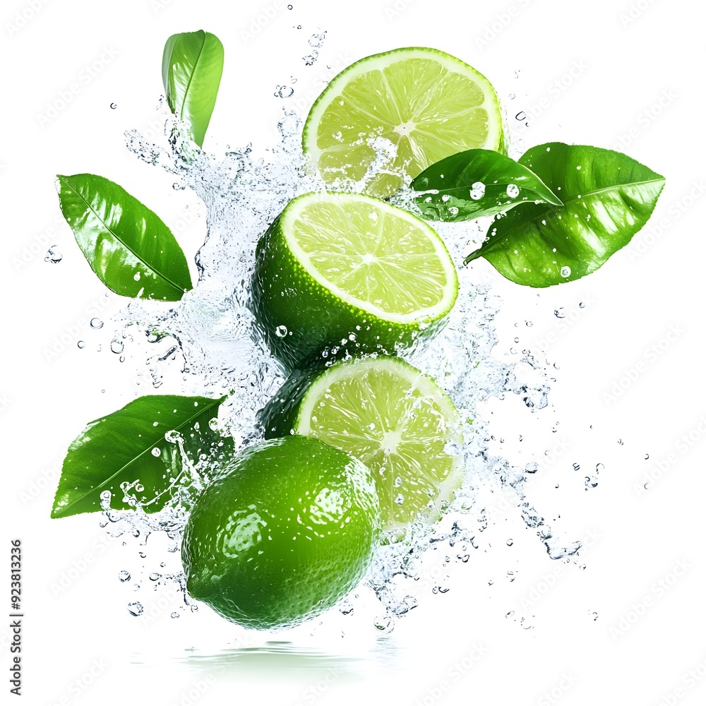 Fresh limes splashing with leaves, cut out isloated on a white background Fresh limes splashing with leaves, cut out isloated on a white background