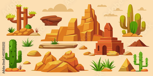 Desert rock set, vector canyon stone kit, wild west plants, environment nature objects, cactus, agave. Mountain solid boulder, cliff formation, landscape elements, succulent. Desert rock game clipart