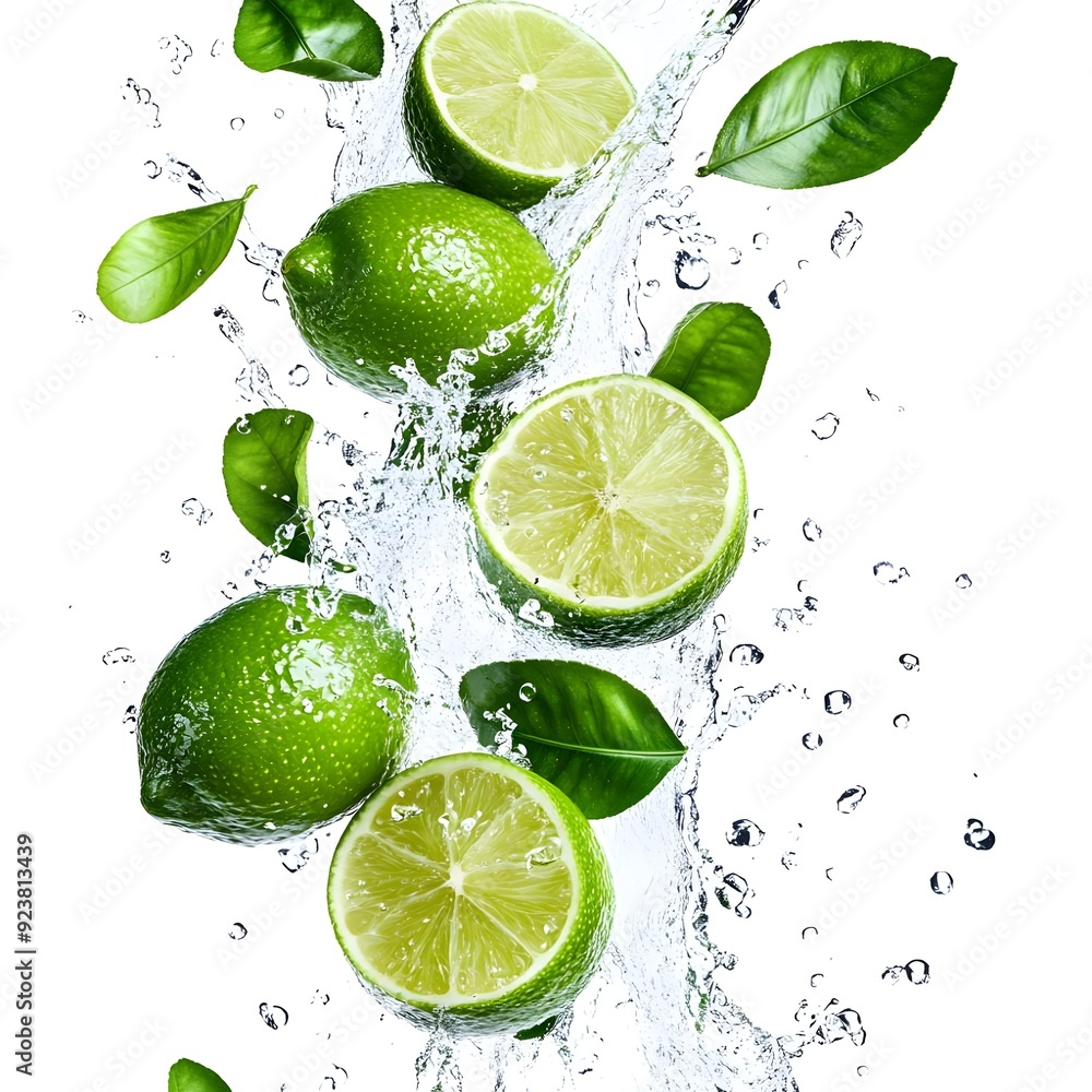 Fresh limes splashing with leaves, cut out isloated on a white background Fresh limes splashing with leaves, cut out isloated on a white background