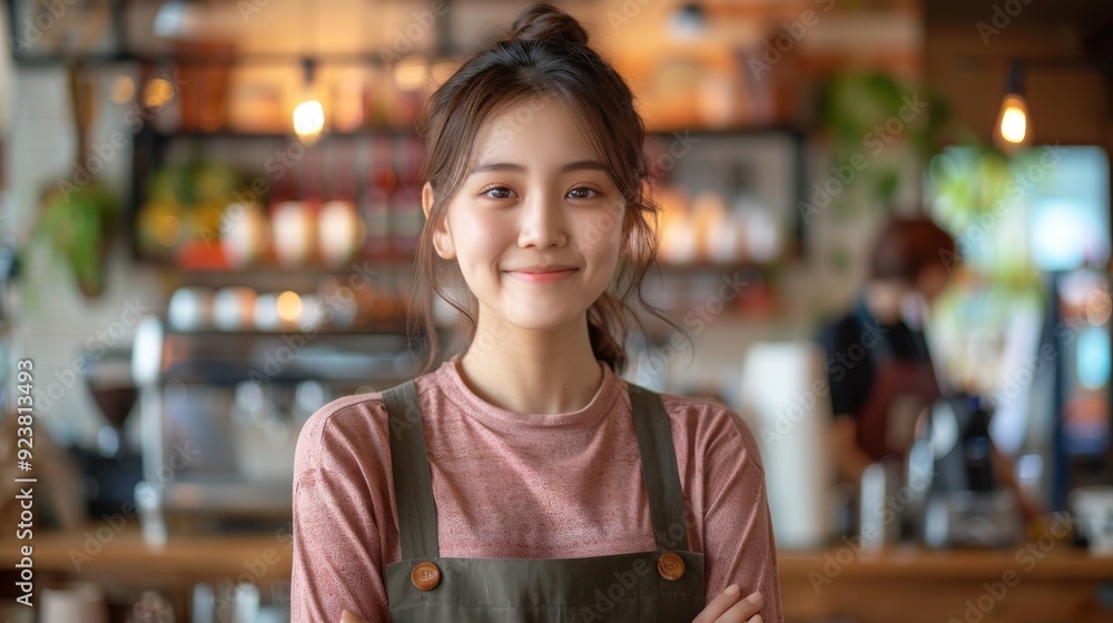Asian woman entrepreneur standing counter bar counter in a modern cafe in urban style Asian woman entrepreneur standing counter bar counter in a modern cafe in urban style