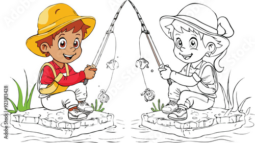 coloring page a simple drawing of red yellow with baby girl & boy fishing, vector illustrator