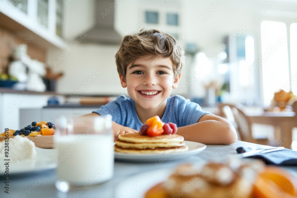 A cheerful boy sits at a stylish kitchen table, delighting in a nutritious breakfast spread featuring pancakes and fresh fruits A cheerful boy sits at a stylish kitchen table, delighting in a nutritious breakfast spread featuring pancakes and fresh fruits