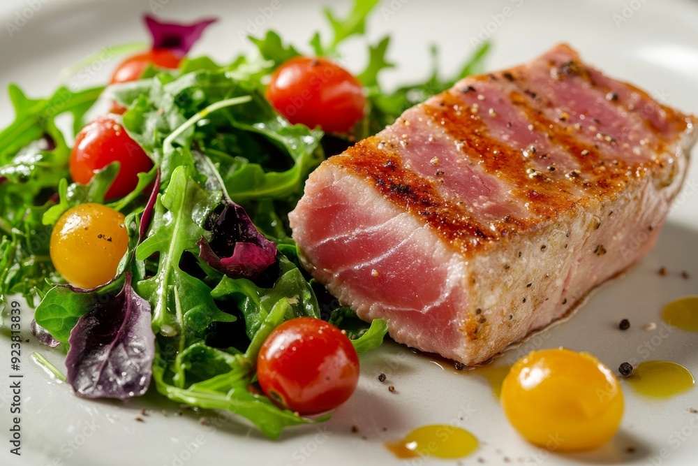A perfectly cooked tuna steak rests beside a vibrant salad of mixed greens and cherry tomatoes, highlighting fresh culinary craftsmanship and presentation A perfectly cooked tuna steak rests beside a vibrant salad of mixed greens and cherry tomatoes, highlighting fresh culinary craftsmanship and presentation