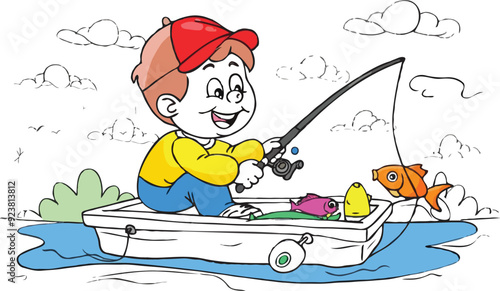 coloring page a simple drawing of red yellow with baby girl & boy fishing, vector illustrator