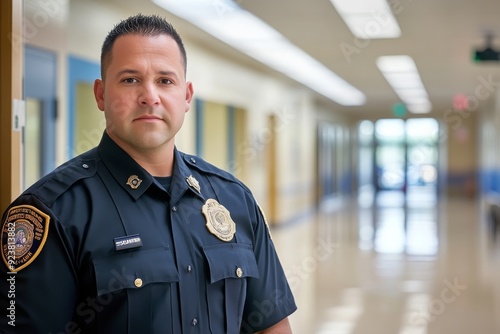 A security officer stands watch at the entrance of a high school, ensuring safety and security for students and staff during school hours