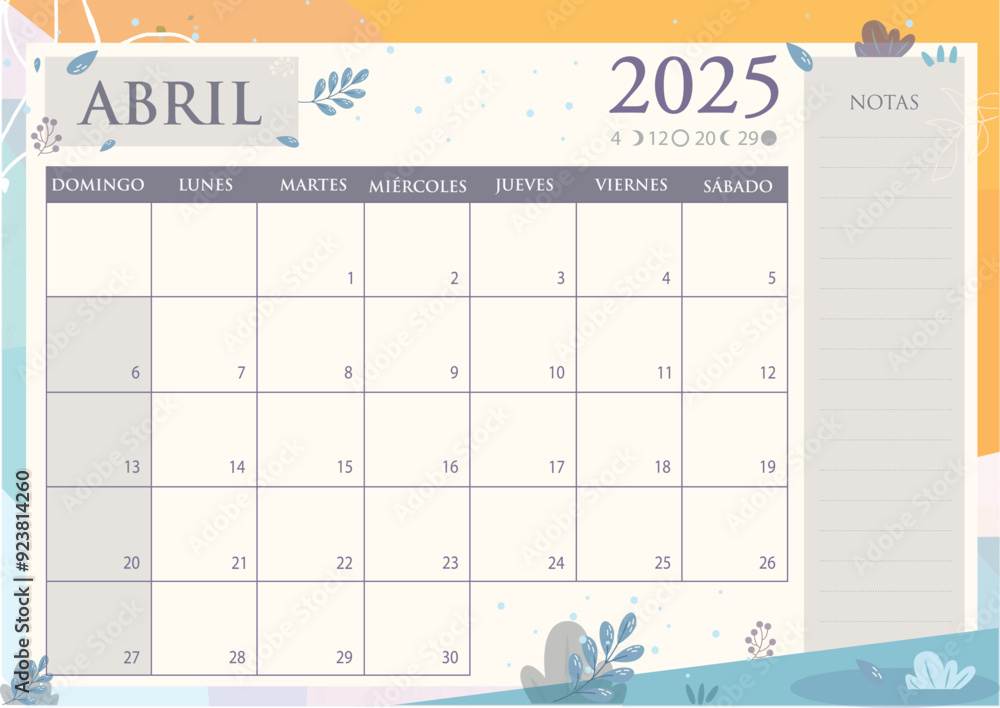 Calendario mensual 2025 en Español. ABRIL