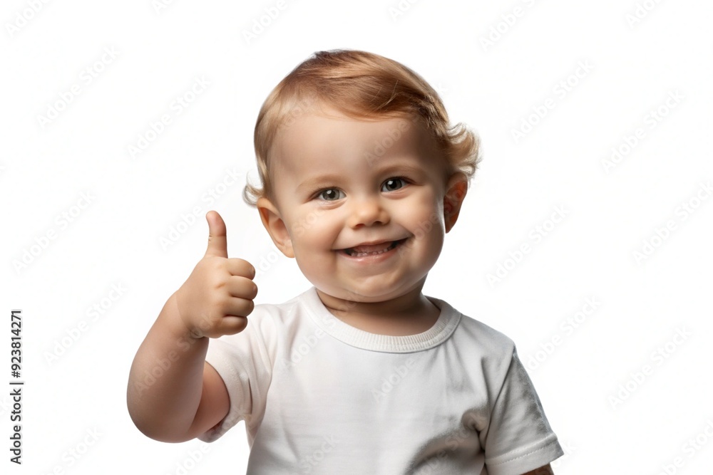 A cute toddler isolated on a white background, enthusiastically giving a thumbs up sign A cute toddler isolated on a white background, enthusiastically giving a thumbs up sign