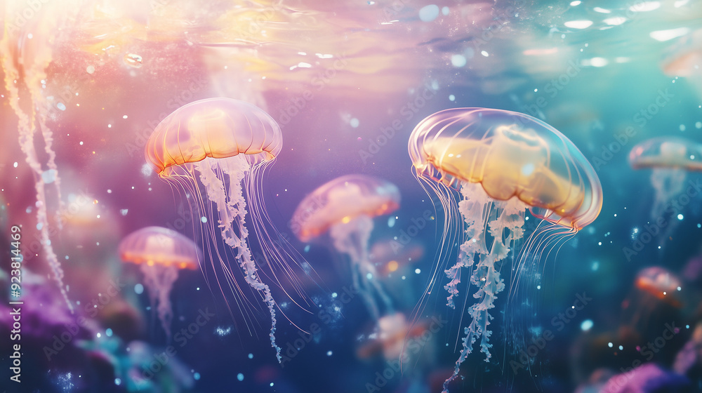 An artistic underwater landscape with floating jellyfish, their tentacles gently trailing through the water, set against a dreamy, softly glowing background
An artistic underwater landscape with floating jellyfish, their tentacles gently trailing through the water, set against a dreamy, softly glowing background