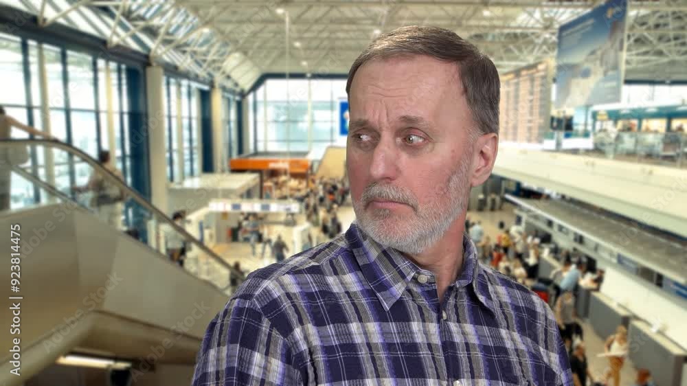 Portrait of senior caucasian man anvying someone. Suspicious and disapproval look. Mall interior in the background. Portrait of senior caucasian man anvying someone. Suspicious and disapproval look. Mall interior in the background.