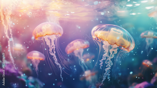 An artistic underwater landscape with floating jellyfish, their tentacles gently trailing through the water, set against a dreamy, softly glowing background 