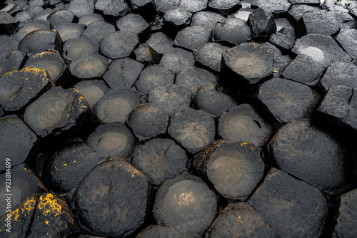 Der Giant’s Causeway Detailaufnahme der gleichmäßig sechseckigen Querschnitt geformten schwarzen nassen Basaltsäulen in Nordirland