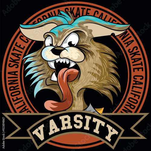 Rebel rocker cat with tongue hanging out, with vibrant punk style colors, urban sports texts with crazy numbers and studies for stickers or other applications, novel designs. biker and skater