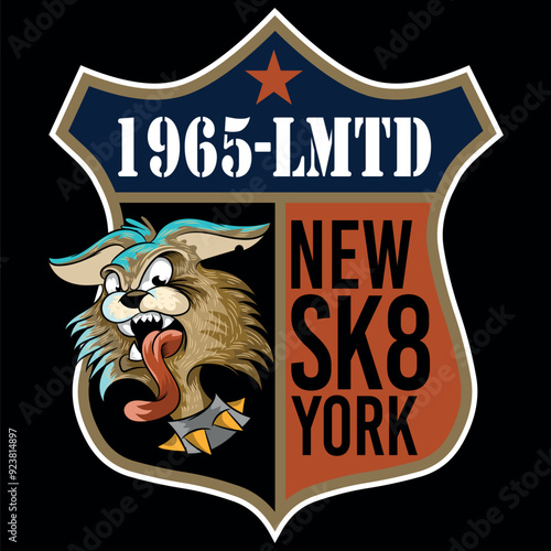 Rebel rocker cat with tongue hanging out, with vibrant punk style colors, urban sports texts with crazy numbers and studies for stickers or other applications, novel designs. biker and skater