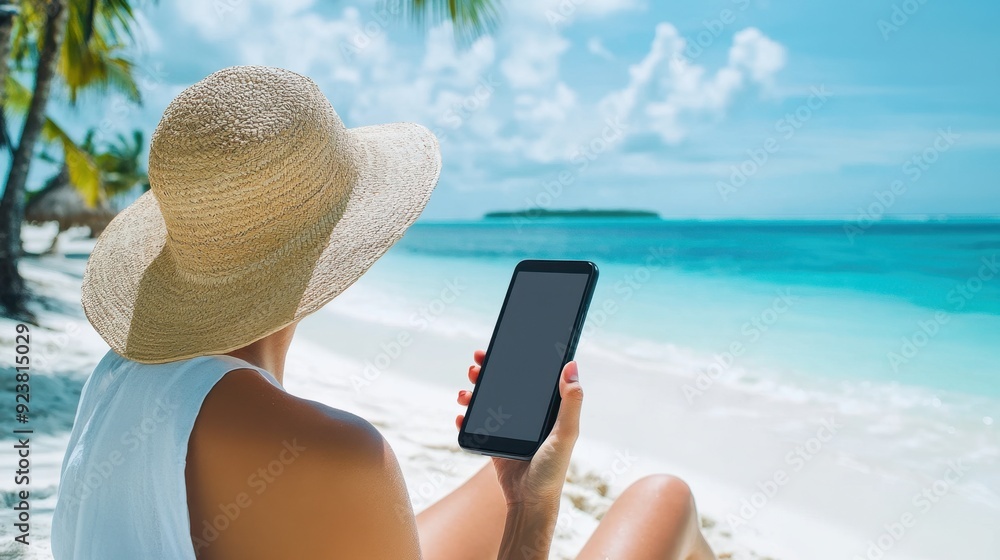 Fototapeta premium Woman Holding Smartphone on Tropical Beach Vacation