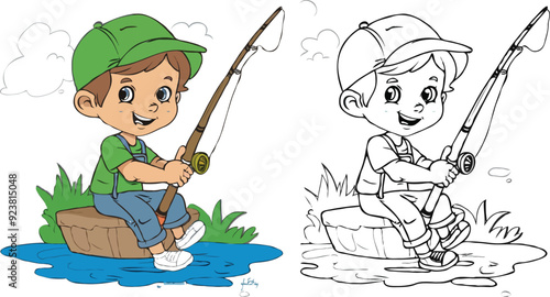 coloring page a simple drawing of red yellow with baby girl & boy fishing, vector illustrator