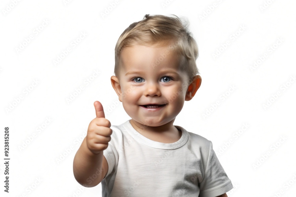 A cute toddler isolated on a white background, enthusiastically giving a thumbs up sign A cute toddler isolated on a white background, enthusiastically giving a thumbs up sign