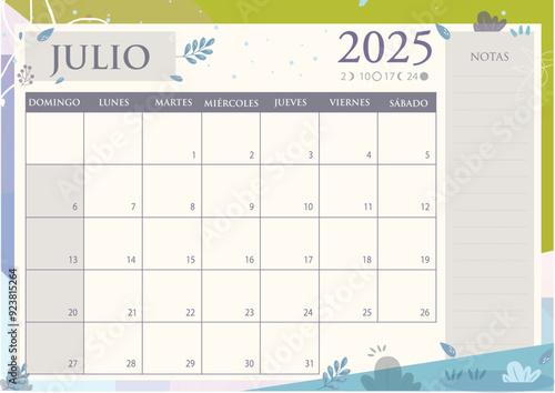 Calendario mensual 2025 en Español. JULIO.
