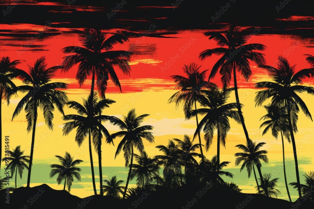 Obraz premium Tropical sunset with palm tree silhouettes.
