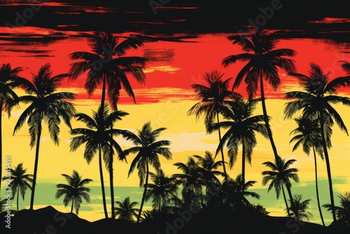 Tropical sunset with palm tree silhouettes.