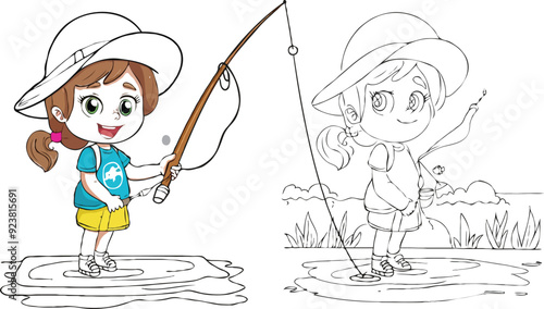 coloring page a simple drawing of red yellow with baby girl & boy fishing, vector illustrator