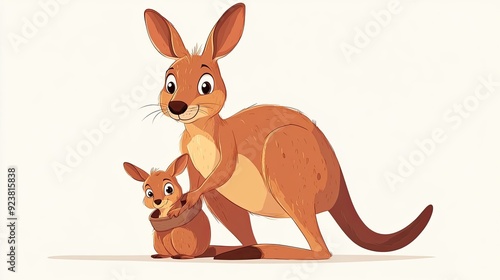 Cute cartoon kangaroo with a baby joey peeking out of its pouch, hopping along. photo