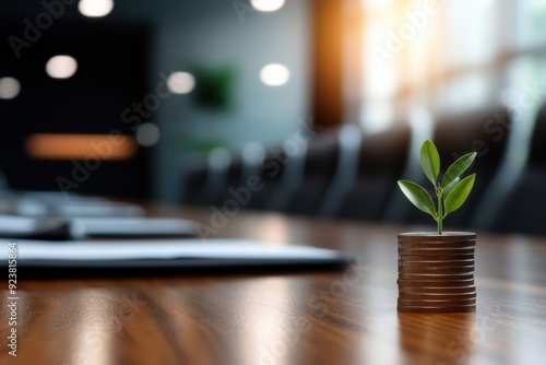 A growing plant emerges from a stack of coins, symbolizing financial growth and sustainable investment in a modern office setting.