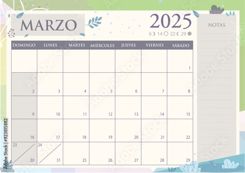 Calendario mensual 2025 en Español. MARZO