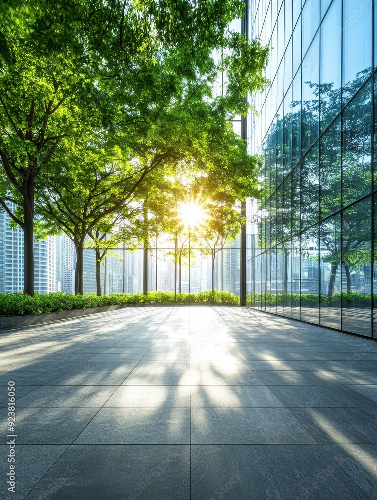 Modern glass building with sunlit trees and cityscape reflecting on windows, creating a harmonious blend of nature and urban architecture. Modern glass building with sunlit trees and cityscape reflecting on windows, creating a harmonious blend of nature and urban architecture.