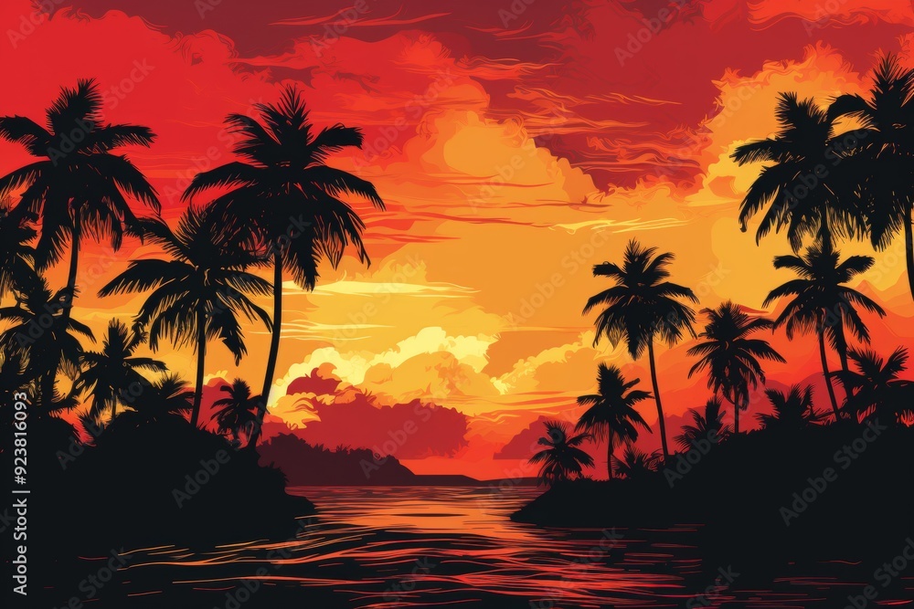 Tropical sunset with palm tree silhouettes. Tropical sunset with palm tree silhouettes.