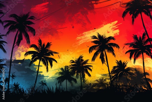 Tropical sunset with palm tree silhouettes.
