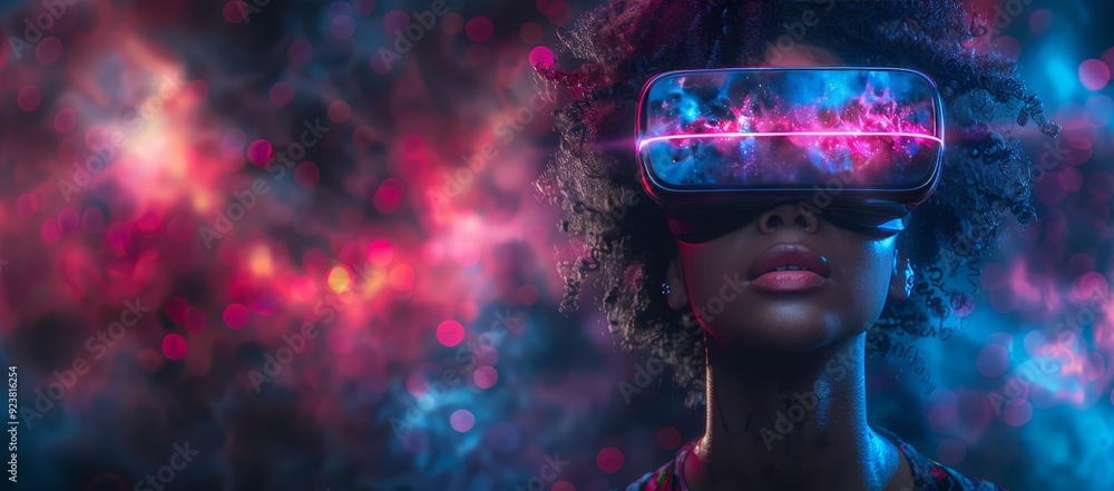 A woman wearing a VR headset in space, with a dark blue background and pink neon light coming from the helmet A woman wearing a VR headset in space, with a dark blue background and pink neon light coming from the helmet