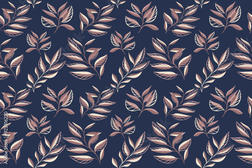 Unique simple tropical botanical pattern on a dark background. Creative abstract shape branches leaves seamless print. Vector hand drawing sketch. Design for fashion, fabric and textiles, cover