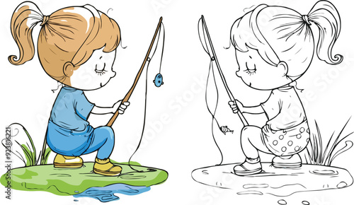 coloring page a simple drawing of red yellow with baby girl & boy fishing, vector illustrator