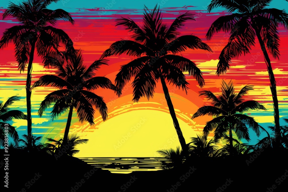 Tropical sunset with palm tree silhouettes. Tropical sunset with palm tree silhouettes.