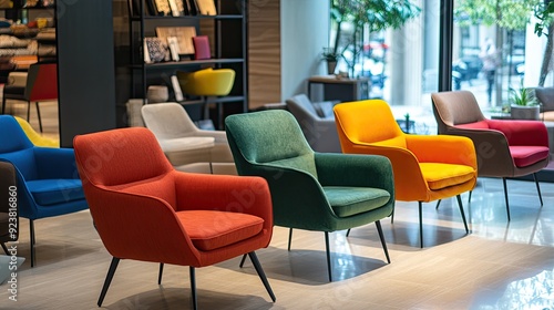 Department store display with a variety of colorful chairs, arranged in a stylish and inviting setup.