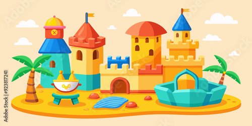 3D sand castle summer set, kids beach vacation vector building illustration, holiday sea sculpture. Cartoon travel architecture medieval house children outdoor tropical game. Sand castle shore clipart
