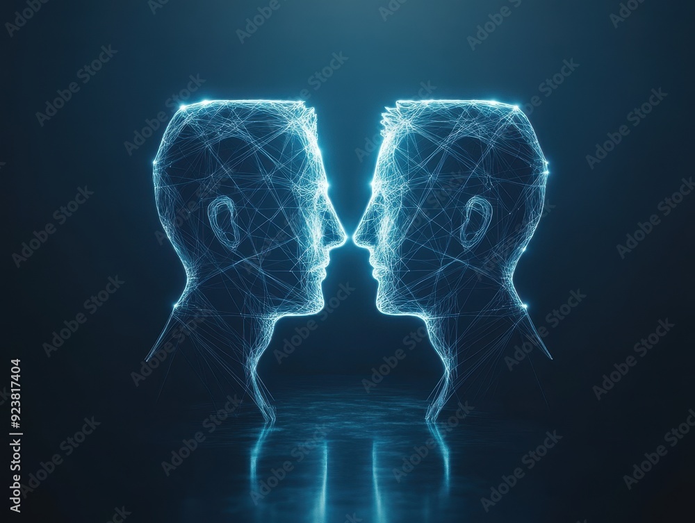 Futuristic wireframe digital illustration of two human heads facing ...