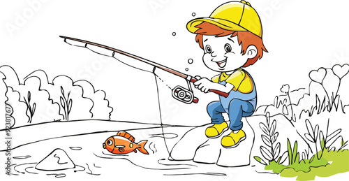 coloring page a simple drawing of red yellow with baby girl & boy fishing, vector illustrator