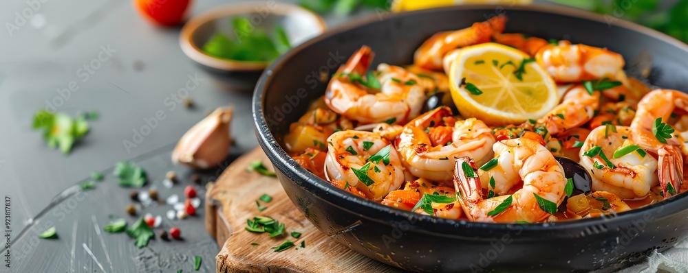 Close-up of a skillet filled with a delicious seafood paella dish. Close-up of a skillet filled with a delicious seafood paella dish.