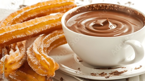 Spanish churros with a cup of thick hot chocolate for dipping, sweet and indulgent, isolated on a white background