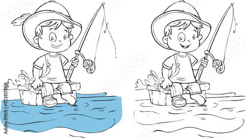 coloring page a simple drawing of red yellow with baby girl & boy fishing, vector illustrator