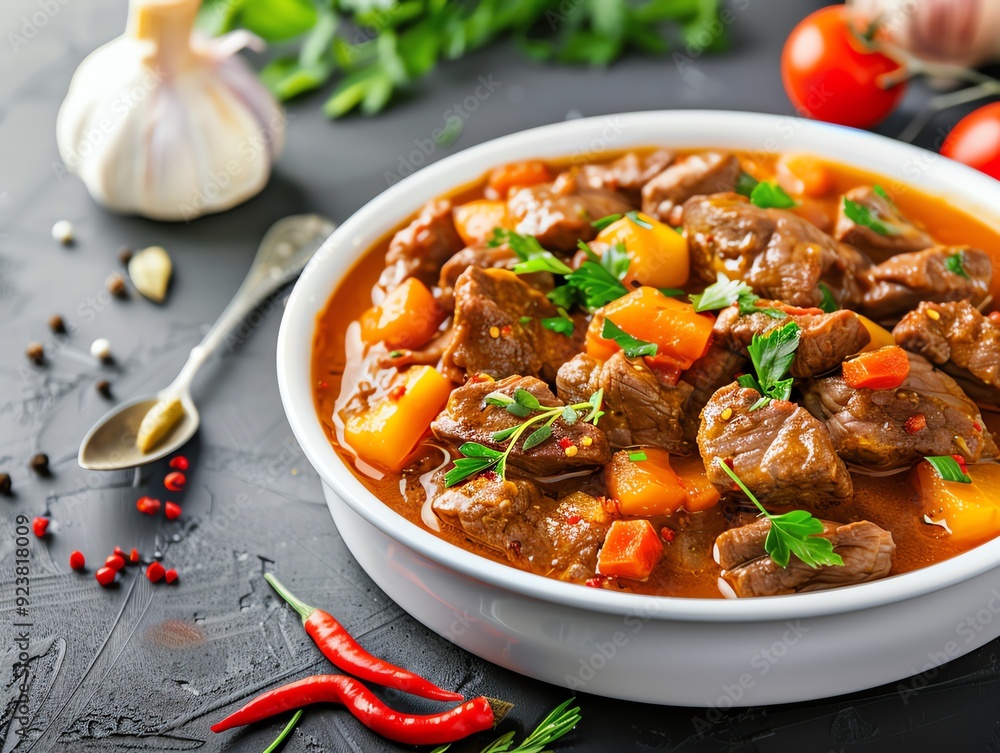 Close-up of a delicious beef stew with vegetables in a white bowl. Close-up of a delicious beef stew with vegetables in a white bowl.