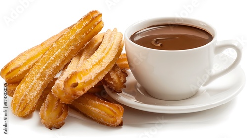 Spanish churros with a cup of thick hot chocolate for dipping, sweet and indulgent, isolated on a white background