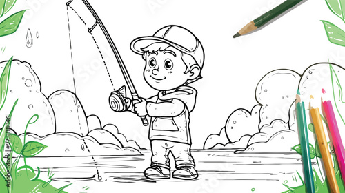 coloring page a simple drawing of red yellow with baby girl & boy fishing, vector illustrator