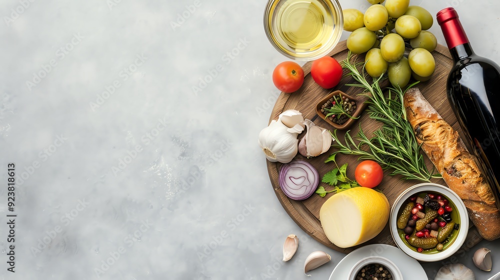 Top view of a wooden board with various ingredients for a delicious Italian meal. Top view of a wooden board with various ingredients for a delicious Italian meal.