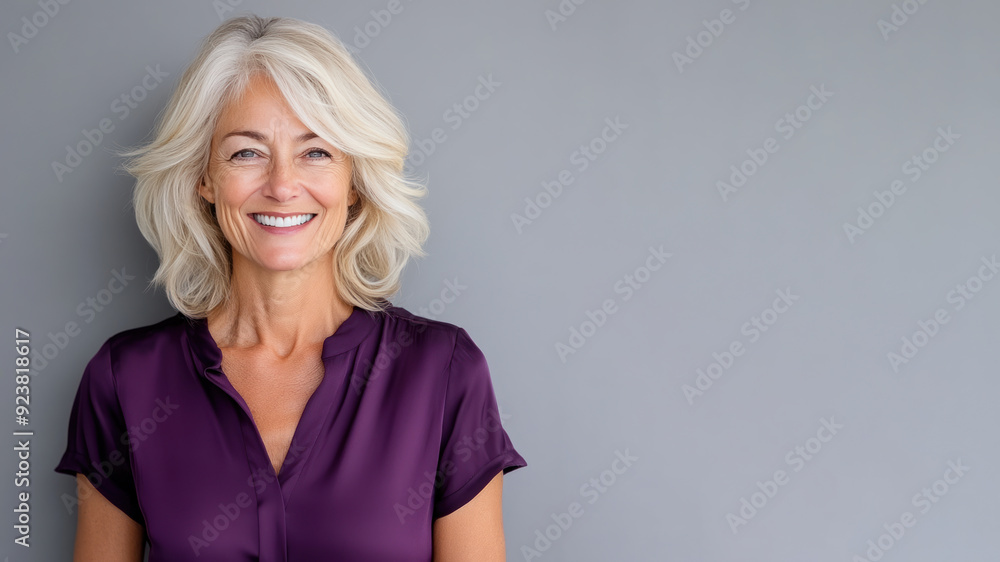 Senior Caucasian woman wearing purple dress smile isolated on gray background Senior Caucasian woman wearing purple dress smile isolated on gray background