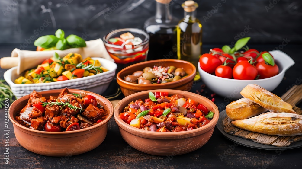 Assortment of delicious Spanish tapas dishes with bread and tomatoes Assortment of delicious Spanish tapas dishes with bread and tomatoes